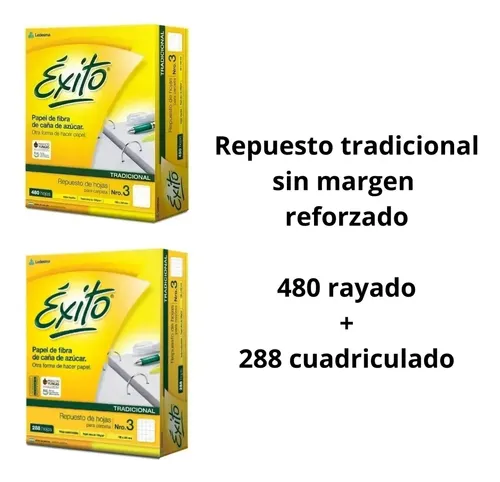 Combo Repuesto Hojas Exito N°3 480 Rayado + 288 Cuadriculado - Imagen 3