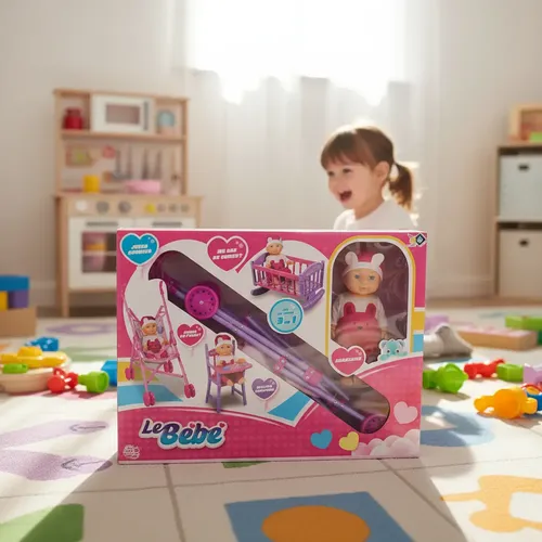 Cochecito Para Muñecas Cuna Coche Y Silla Comer Set 3 En 1 Rosa - Imagen 3