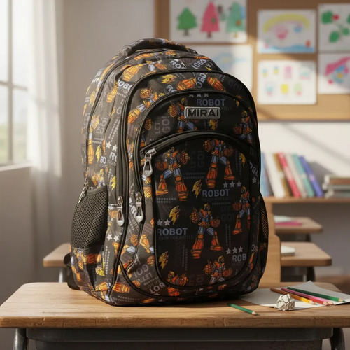 Mochila Escolar Infantil Estampada 18 Espalda Mirai Robot Negro Ready For Battle - Imagen 2