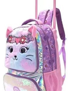 Mochila 18 Carro 3 En 1 Lunchera Cartuchera Gatito Peludito Rosa Claro