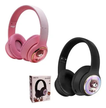 Auricular Inalambrico Vincha Infantil Akz52 C/ Luz Led Osito Rosa - Imagen 4