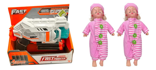 Kit Juguetes: Pistola Fast Lanza Dardos Blanca/gris + Muñeca Bebota Cabeza Plástico Con Luz