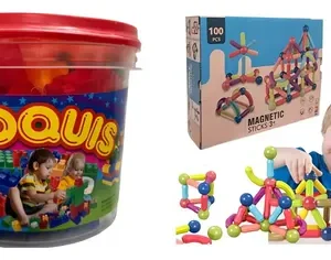 Kit Bloques: Balde Ladrillos Encastre Didáctico 60 Pzs + Bloques Magnéticos Para Armar 100 Pzs