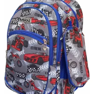 Mochila Escolar Infantil Estampada 18 Espalda Mirai Autos Extreme Azul C/Gris