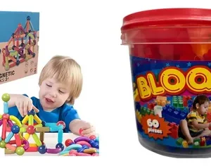 Kit Constructivo: Bloques Magnéticos Para Armar 100 Pzs + Balde Ladrillos Encastre Didáctico 60 Pzs