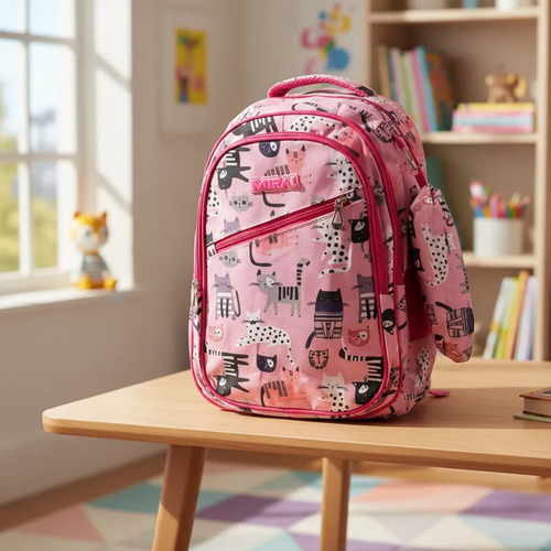 Mochila Escolar Infantil Estampada 18 Espalda Mirai Gatitos Rosa - Imagen 2