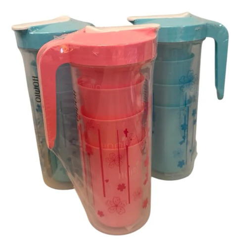 Jarra 1.2 Litros + 4 Vasos Ideal Playa X3 Unidades Celeste / Rosa