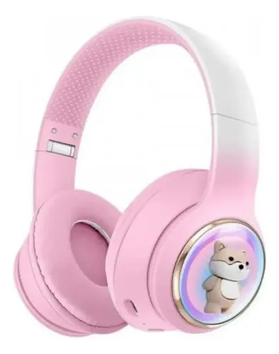Auricular Inalambrico Vincha Infantil Akz52 C/ Luz Led Osito Rosa - Imagen 2
