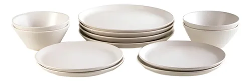 Set X12 Piezas Vajilla Platos Playo Postre Bowls Cerámica Blanco Liso