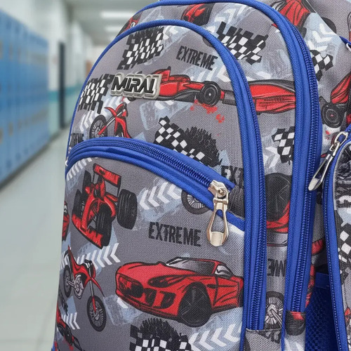Mochila Escolar Infantil Estampada 18 Espalda Mirai Autos Extreme Azul C/Gris - Imagen 2