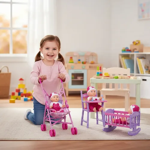 Cochecito Para Muñecas Cuna Coche Y Silla Comer Set 3 En 1 Rosa - Imagen 9