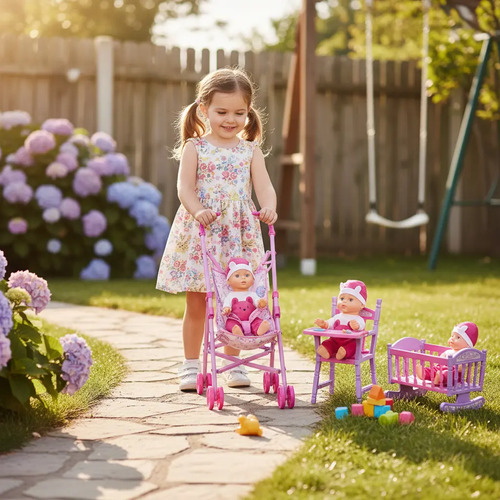Cochecito Para Muñecas Cuna Coche Y Silla Comer Set 3 En 1 Rosa - Imagen 8