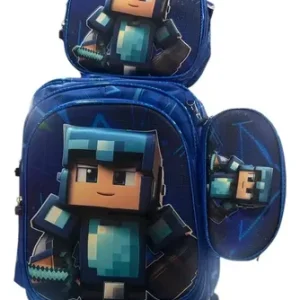 Set Mochila 3 En 1 Lonchera Cartuchera Carro Minecraft Azul