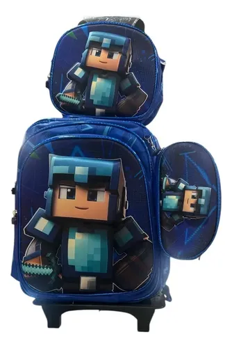 Set Mochila 3 En 1 Lonchera Cartuchera Carro Minecraft Azul