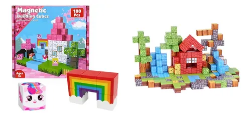 Kit Magnéticos: Bloques Diseño Unicornios Princesa 100 Pzas 2cm + Bloques Para Armar Minecraft 100 Pzas