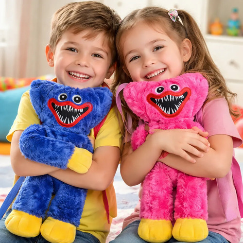 2 Peluche Mochila Huggy Wuggy Poppy Fuxia Y Azul Con Cierre - Imagen 4