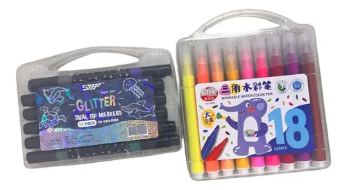 Set Marcadores X18 + 12 Marcadores Glitter Doble Punta