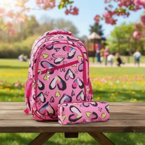 Mochila Escolar Infantil Estampada 18 Espalda Mirai Corazón Rosa