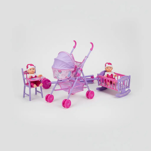 Cochecito Para Muñecas Cuna Coche Y Silla Comer Set 3 En 1 Rosa - Imagen 11