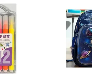 Kit Escolar: Marcadores Triangulares Lavables 12 Colores + Mochila Dinosaurio Espacial Azul