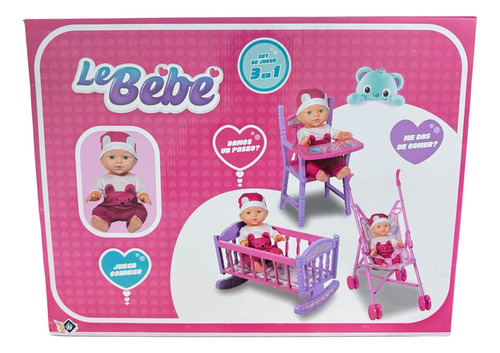 Cochecito Para Muñecas Cuna Coche Y Silla Comer Set 3 En 1 Rosa - Imagen 2
