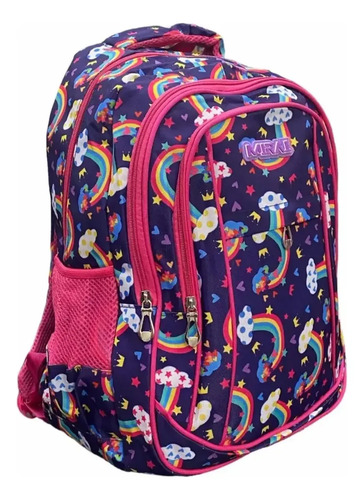 Mochila Escolar Infantil Estampada 18 Espalda Mirai Arcoíris Con Estrellas Azul Marino