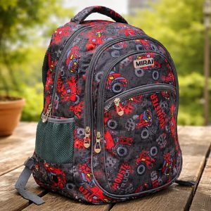 Mochila Escolar Infantil Estampada 18 Espalda Mirai Monster Truck Gris Oscuro C/Rojo