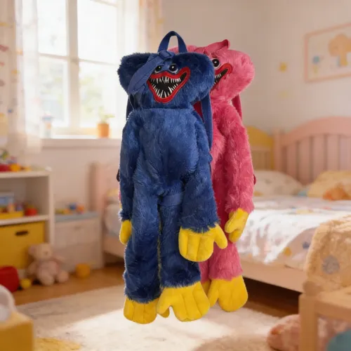 2 Peluche Mochila Huggy Wuggy Poppy Fuxia Y Azul Con Cierre - Imagen 2