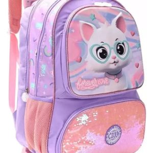 Mochila Carro Escolar 3 En 1 Gatito Con Lonchera Cartuchera Lila/Rosa