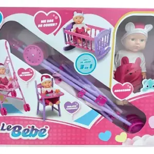 Cochecito Para Muñecas Cuna Coche Y Silla Comer Set 3 En 1 Rosa