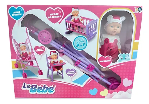 Cochecito Para Muñecas Cuna Coche Y Silla Comer Set 3 En 1 Rosa